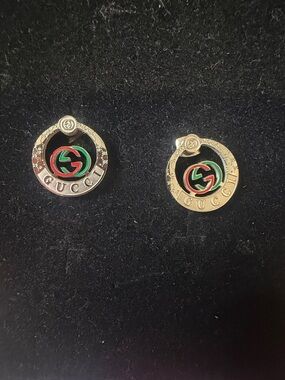 Stainless steel silver Tone Hoop Logo Earrings with Red & Green Enamel